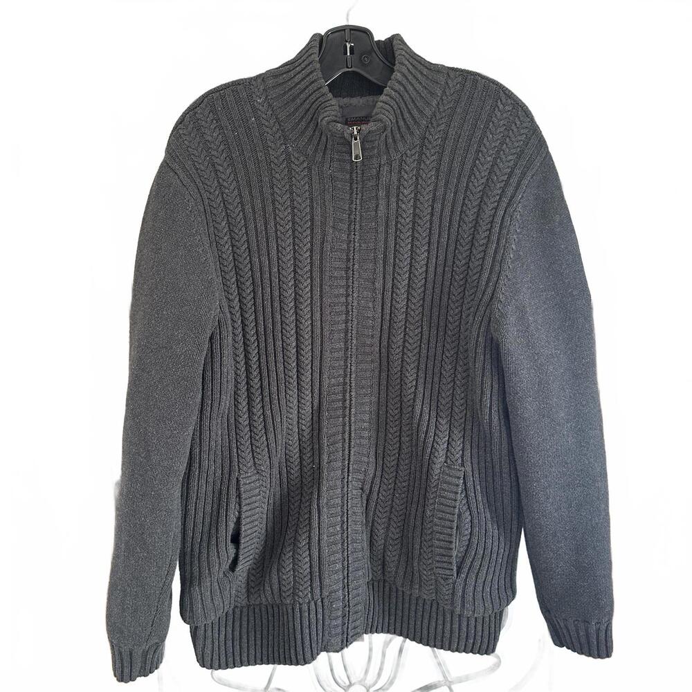 Emanuel Ungaro Men's Heavy Chunky Knit Zip-Up Sweater - Sherpa Lining - Large